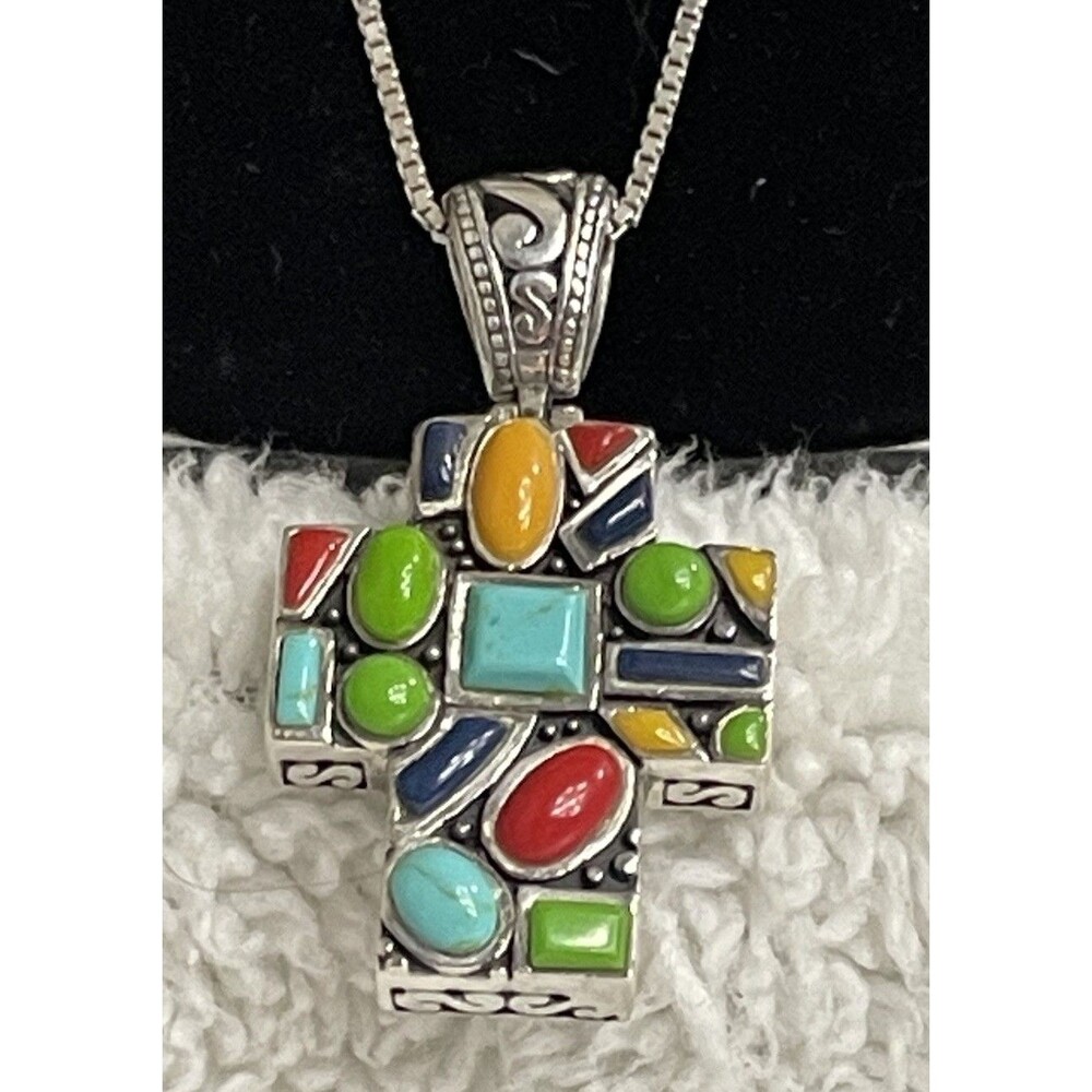 Striking TURQUOISE CORAL LAPIS CROSS Silver .925 Box Chain  29” NECKLACE 25gms